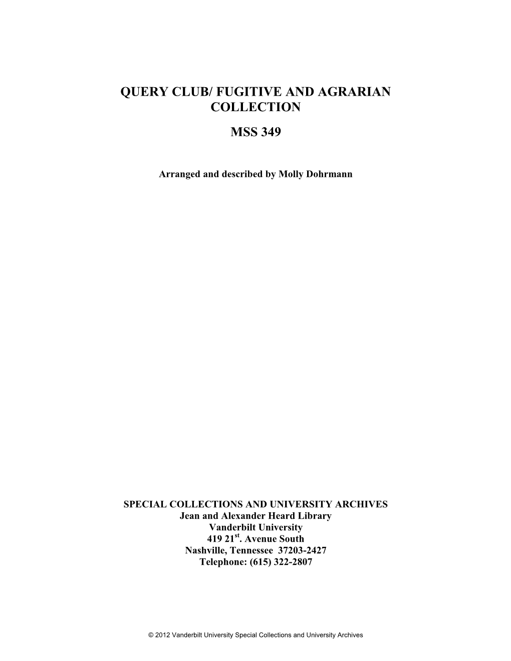 Query Club/Fugitive and Agrarian Collection