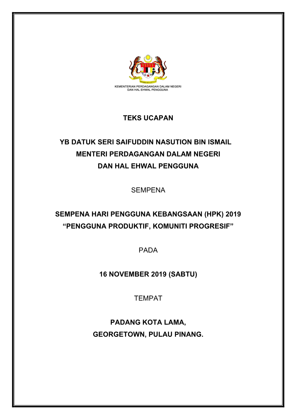 Teks Ucapan Yb Datuk Seri Saifuddin Nasution Bin Ismail