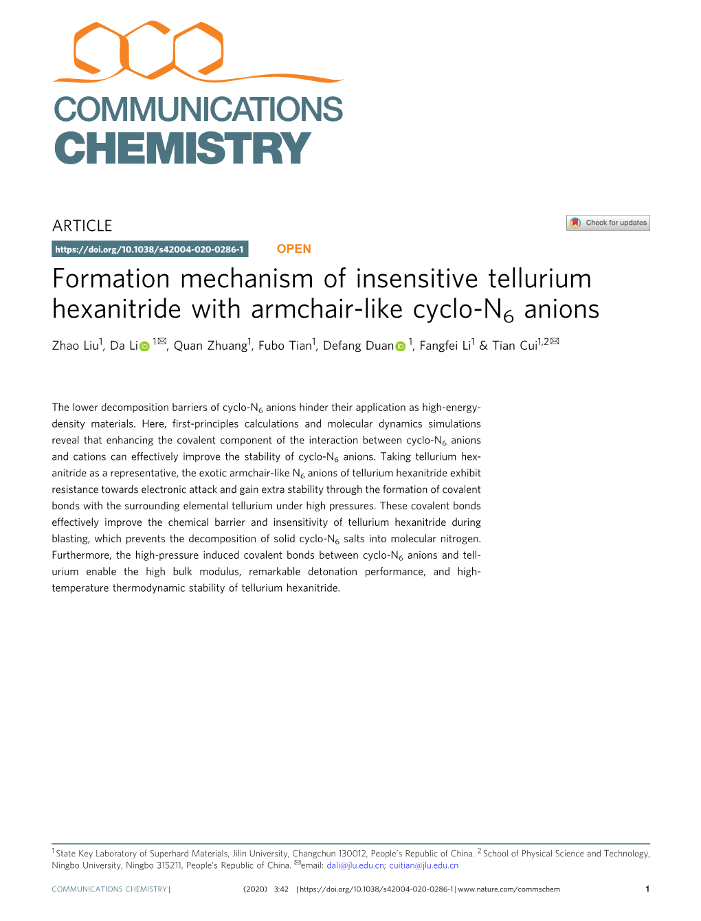 Formation Mechanism of Insensitive Tellurium Hexanitride with Armchair