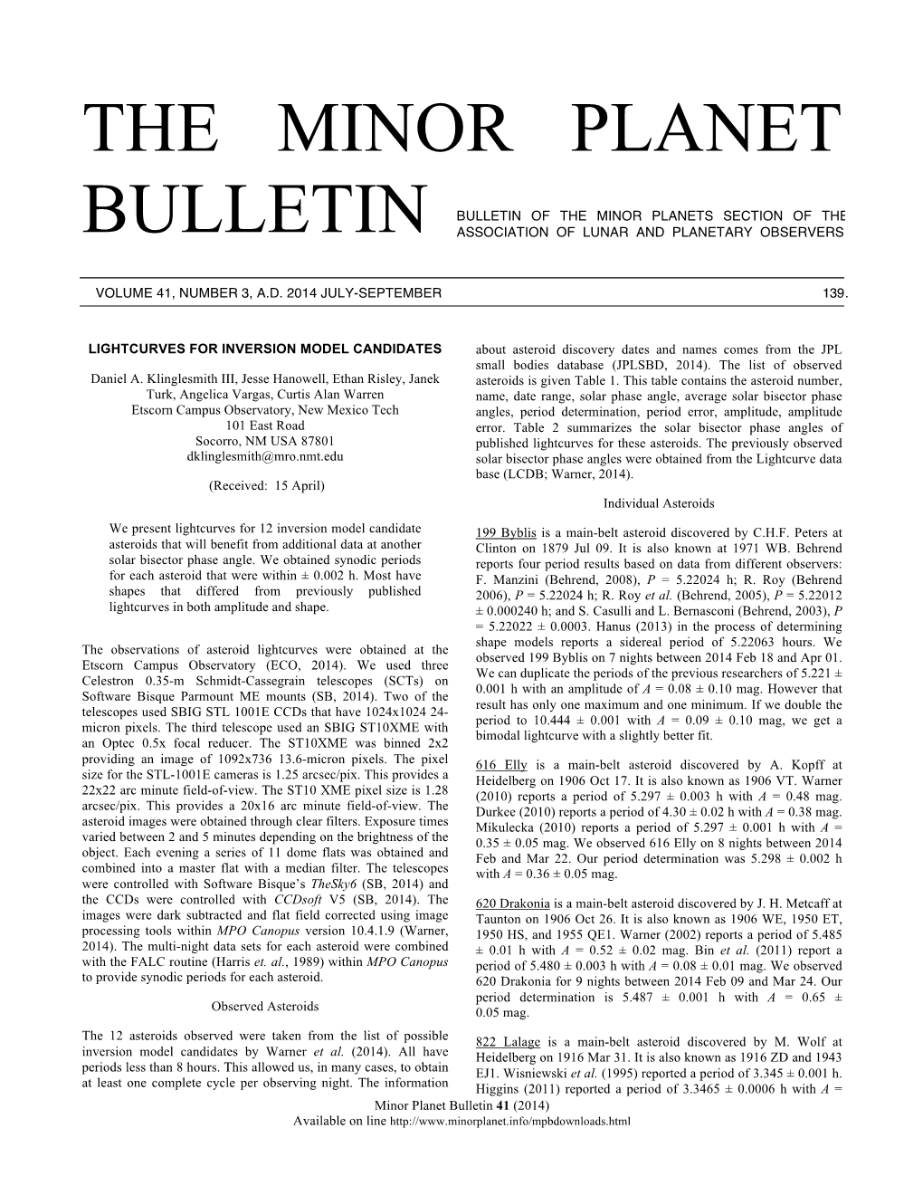 The Minor Planet Bulletin 41 (2014) 158 Same Response