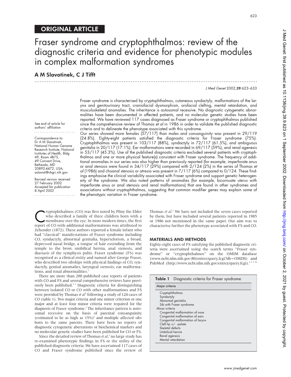 Fraser Syndrome and Cryptophthalmos: Review of the Diagnostic Criteria and Evidence for Phenotypic Modules in Complex Malformati