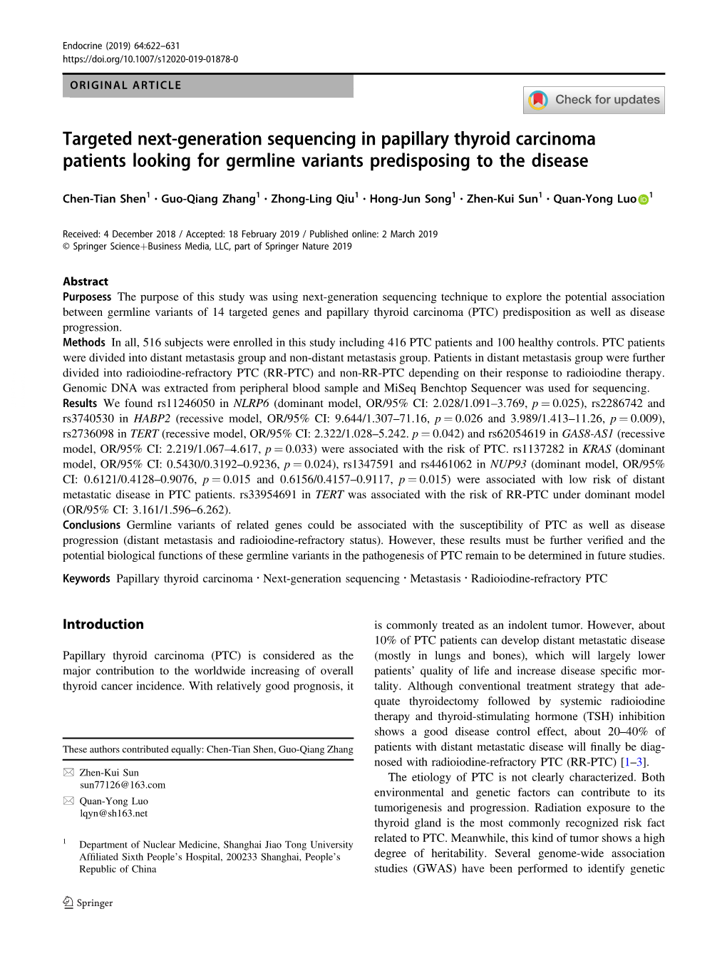 Targeted Next-Generation Sequencing in Papillary Thyroid Carcinoma Patients Looking for Germline Variants Predisposing to the Disease