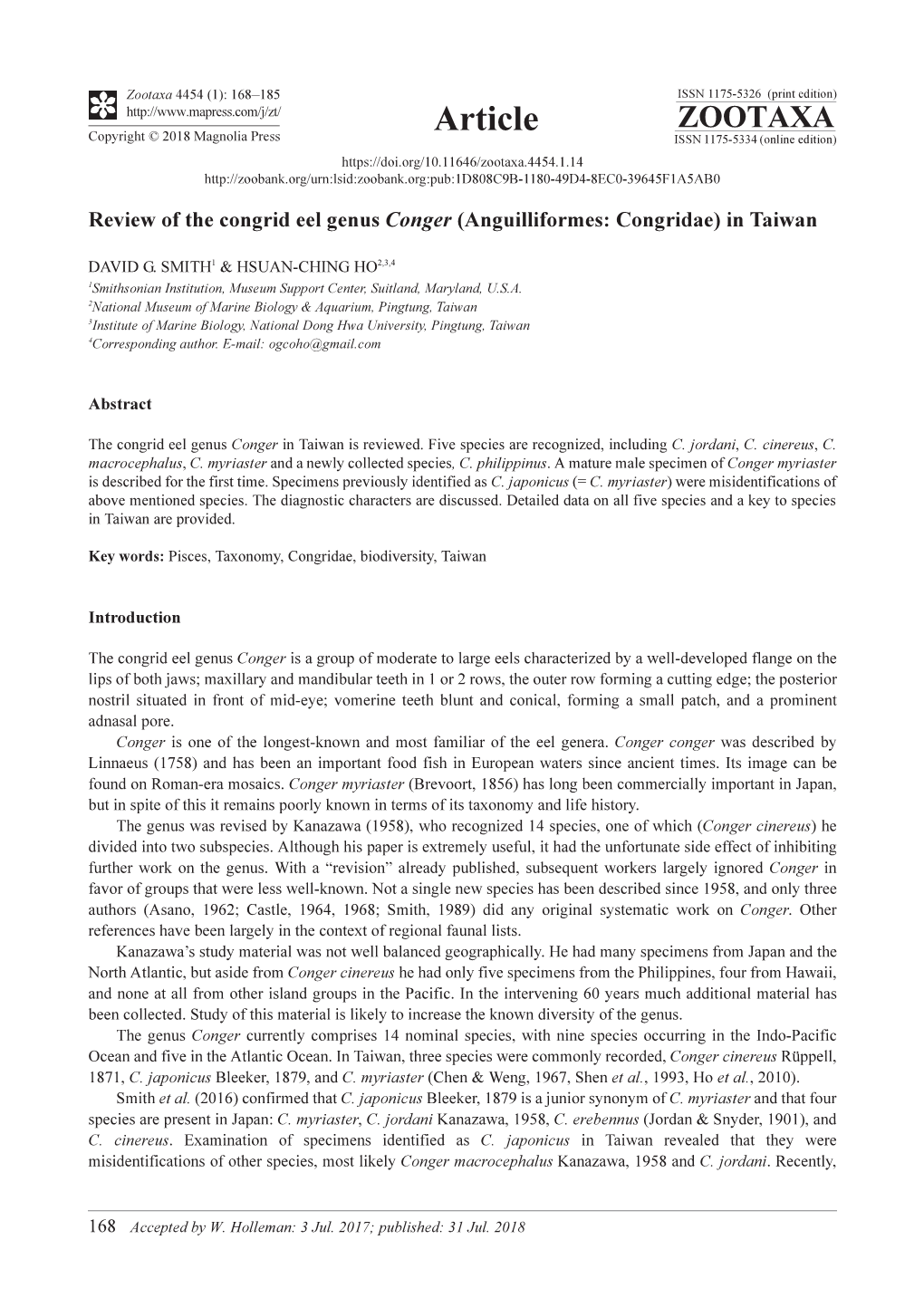 Review of the Congrid Eel Genus Conger (Anguilliformes: Congridae) in Taiwan