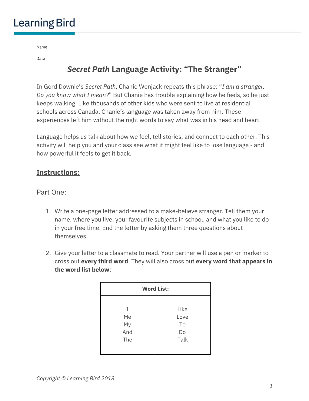 Secret Path​ Language Activity: “The Stranger”
