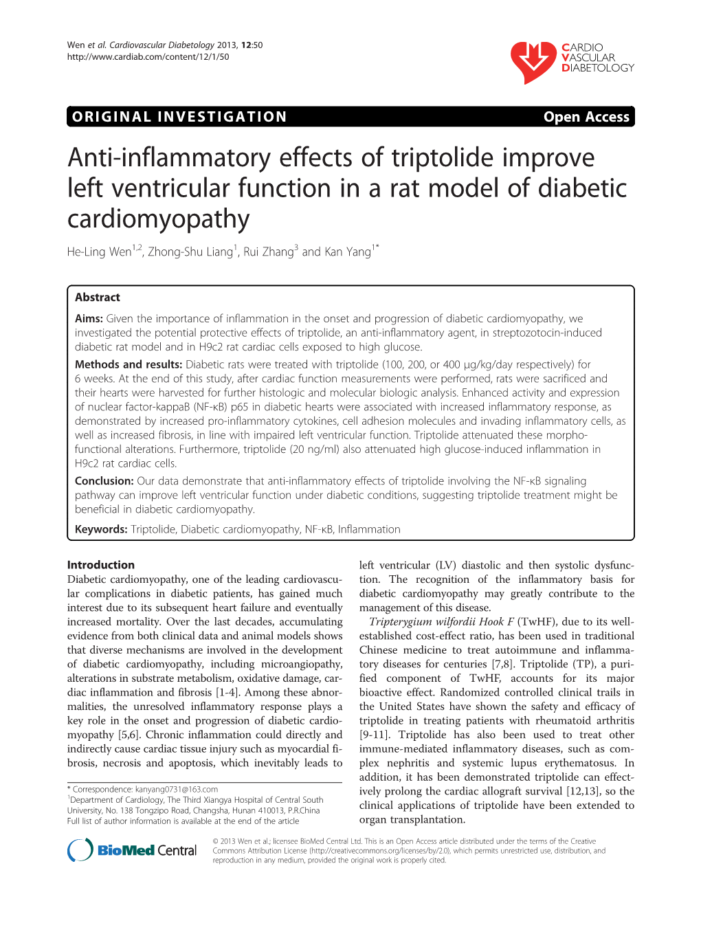 Anti-Inflammatory Effects of Triptolide Improve Left Ventricular Function in A