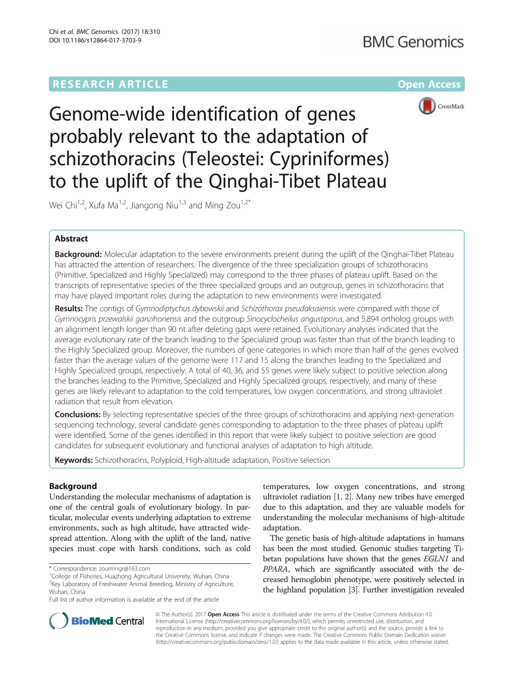 (Teleostei: Cypriniformes) to the Uplift of the Qinghai-Tibet Plateau Wei Chi1,2, Xufa Ma1,2, Jiangong Niu1,3 and Ming Zou1,2*