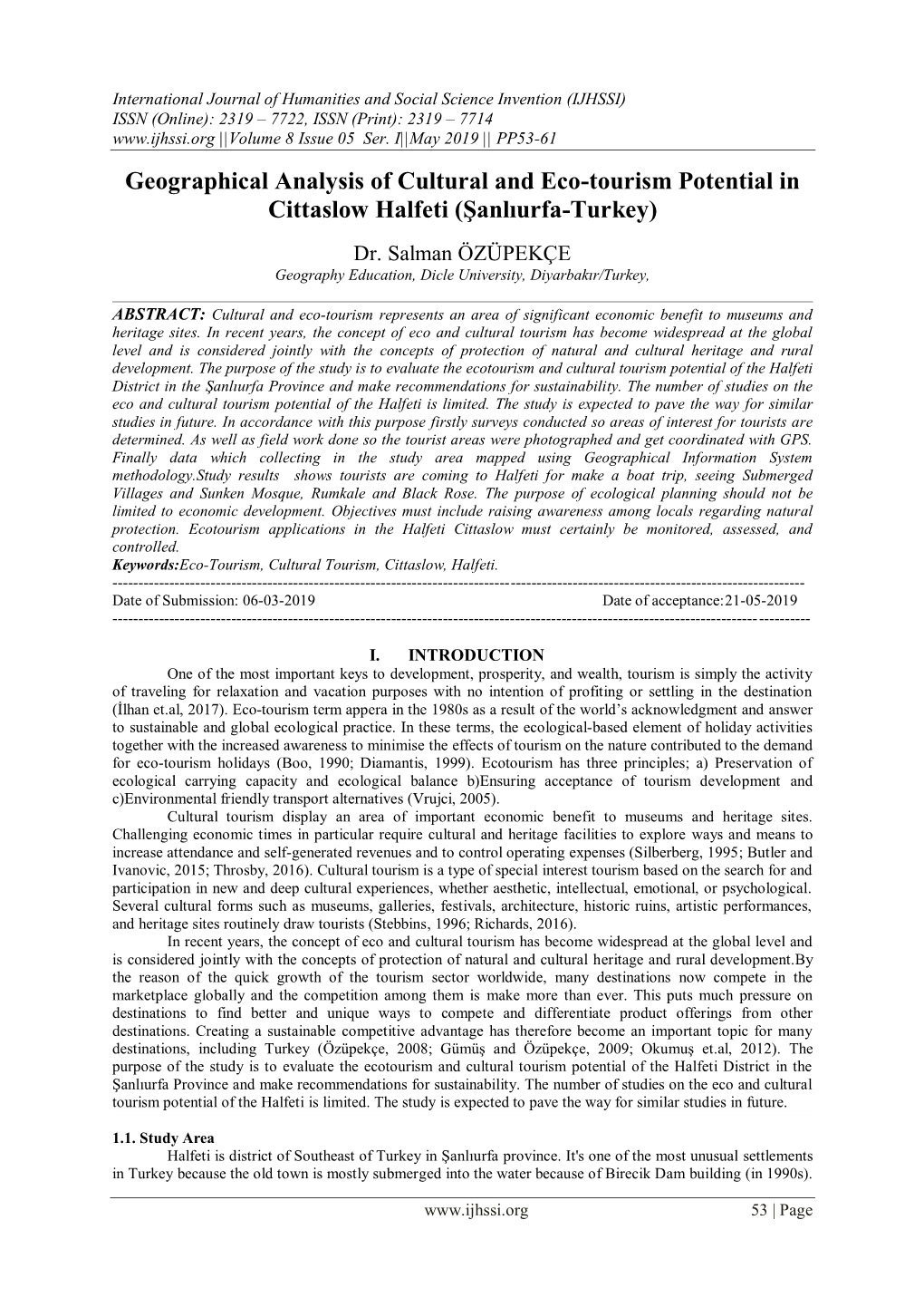 Geographical Analysis of Cultural and Eco-Tourism Potential in Cittaslow Halfeti (Şanlıurfa-Turkey)