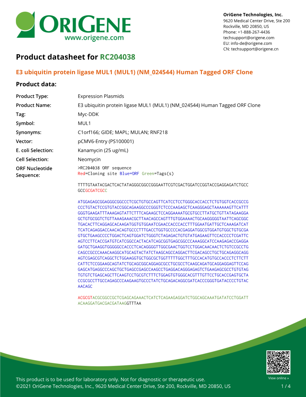 E3 Ubiquitin Protein Ligase MUL1 (MUL1) (NM 024544) Human Tagged ORF Clone Product Data