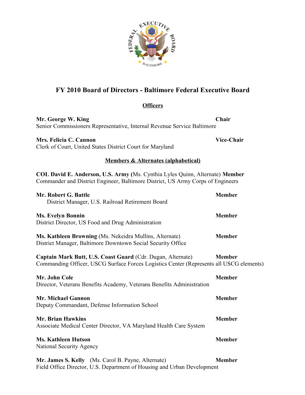 Board of Directors of the Baltimore Federal Executive Board