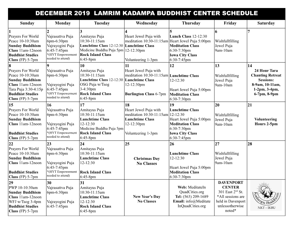 December 2019 Lamrim Kadampa Buddhist Center