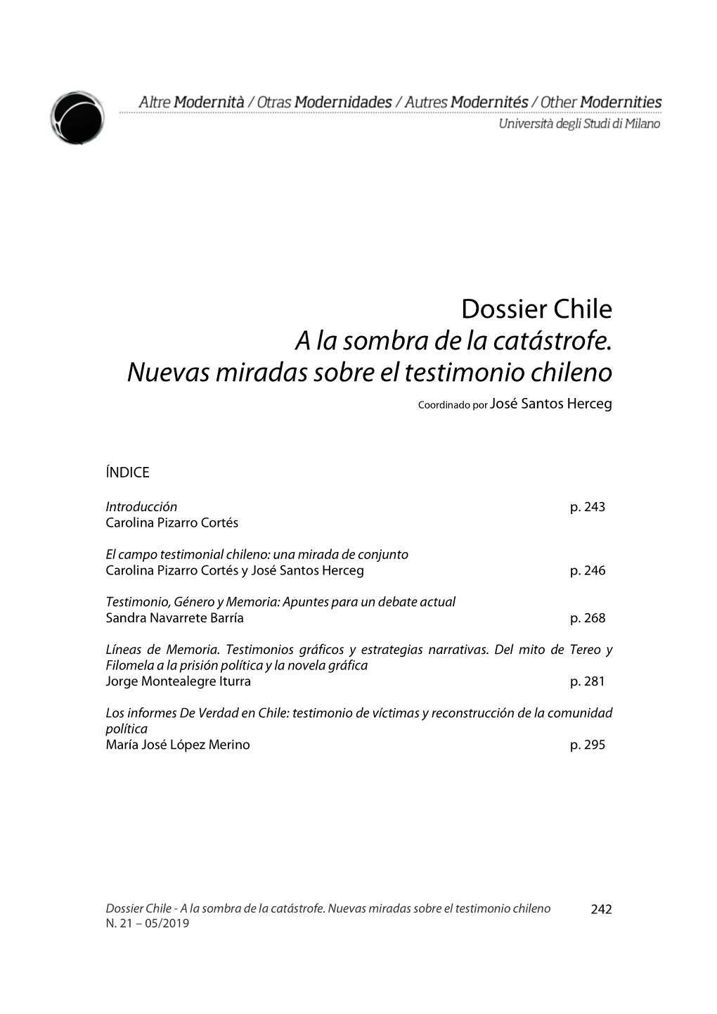 Dossier Chile a La Sombra De La Catástrofe. Nuevas Miradas Sobre El