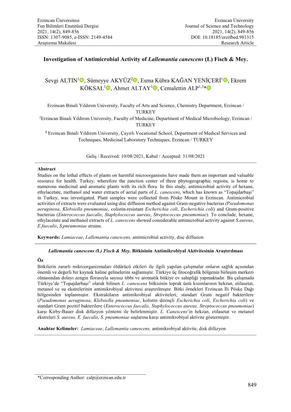 849 Investigation of Antimicrobial Activity of Lallemantia Canescens