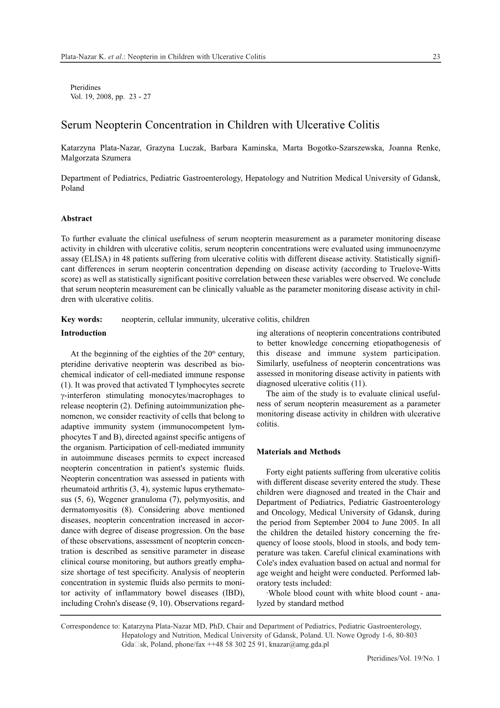 Serum Neopterin Concentration in Children with Ulcerative Colitis