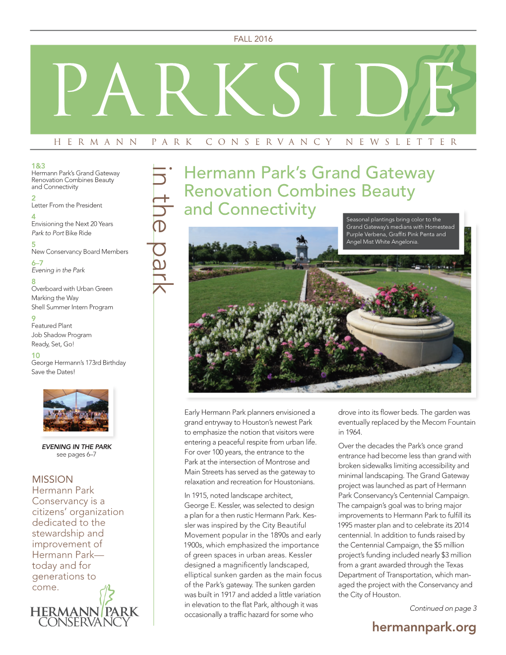 Fall 2016 Parkside Hermann Park Conservancy Newsletter