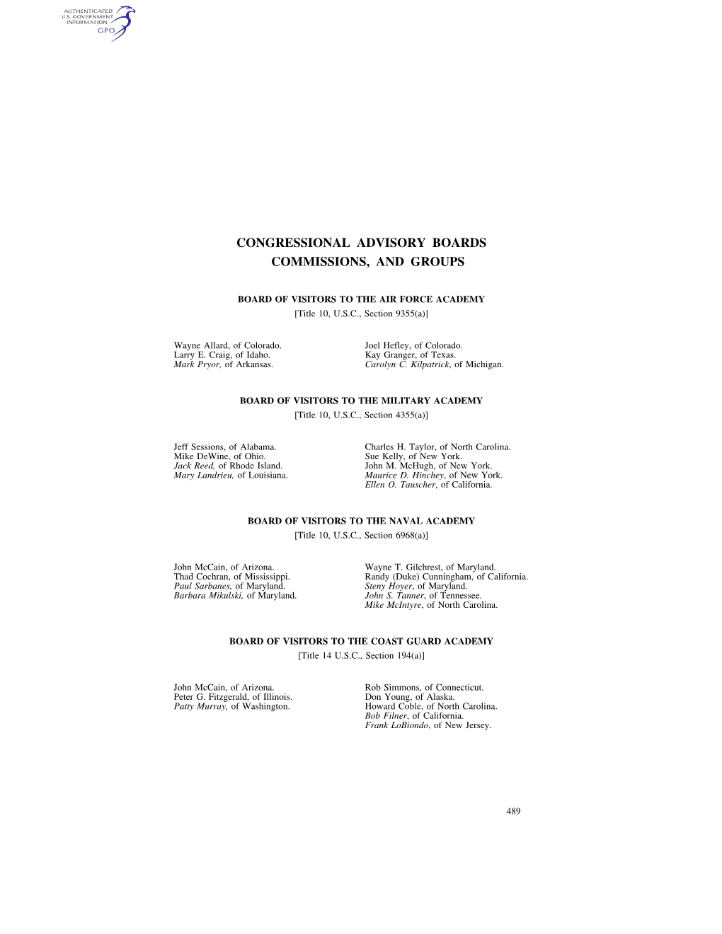 Congressional Advisory Boards Commissions, and Groups