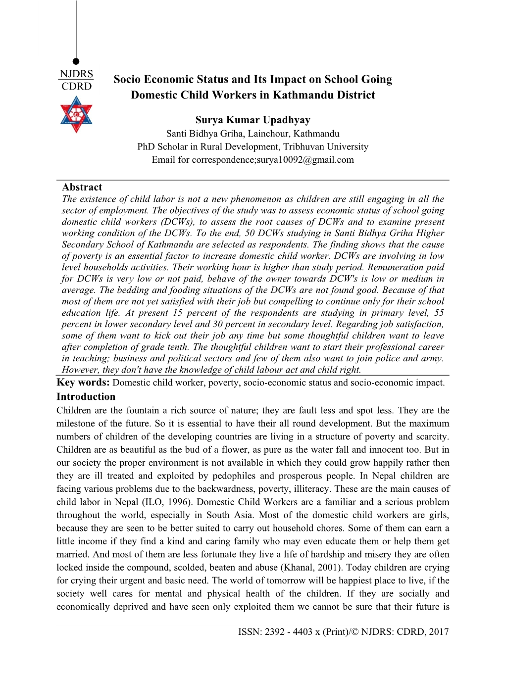 Socio Economic Status and Its Impact on School Going Domestic Child