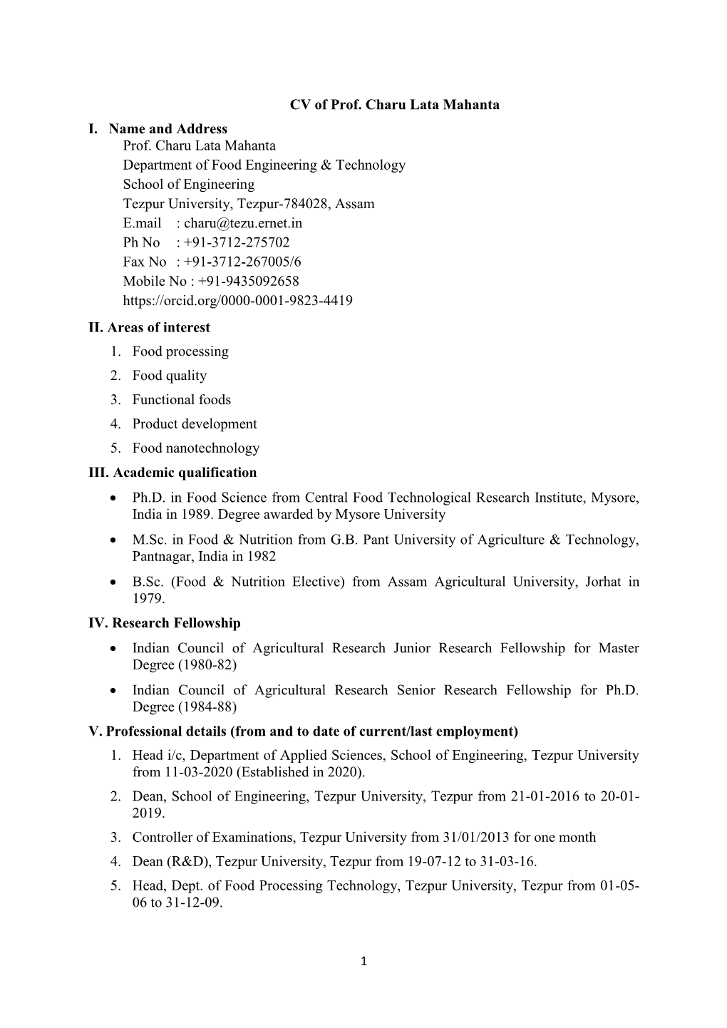 CV of Prof. Charu Lata Mahanta I. Name And