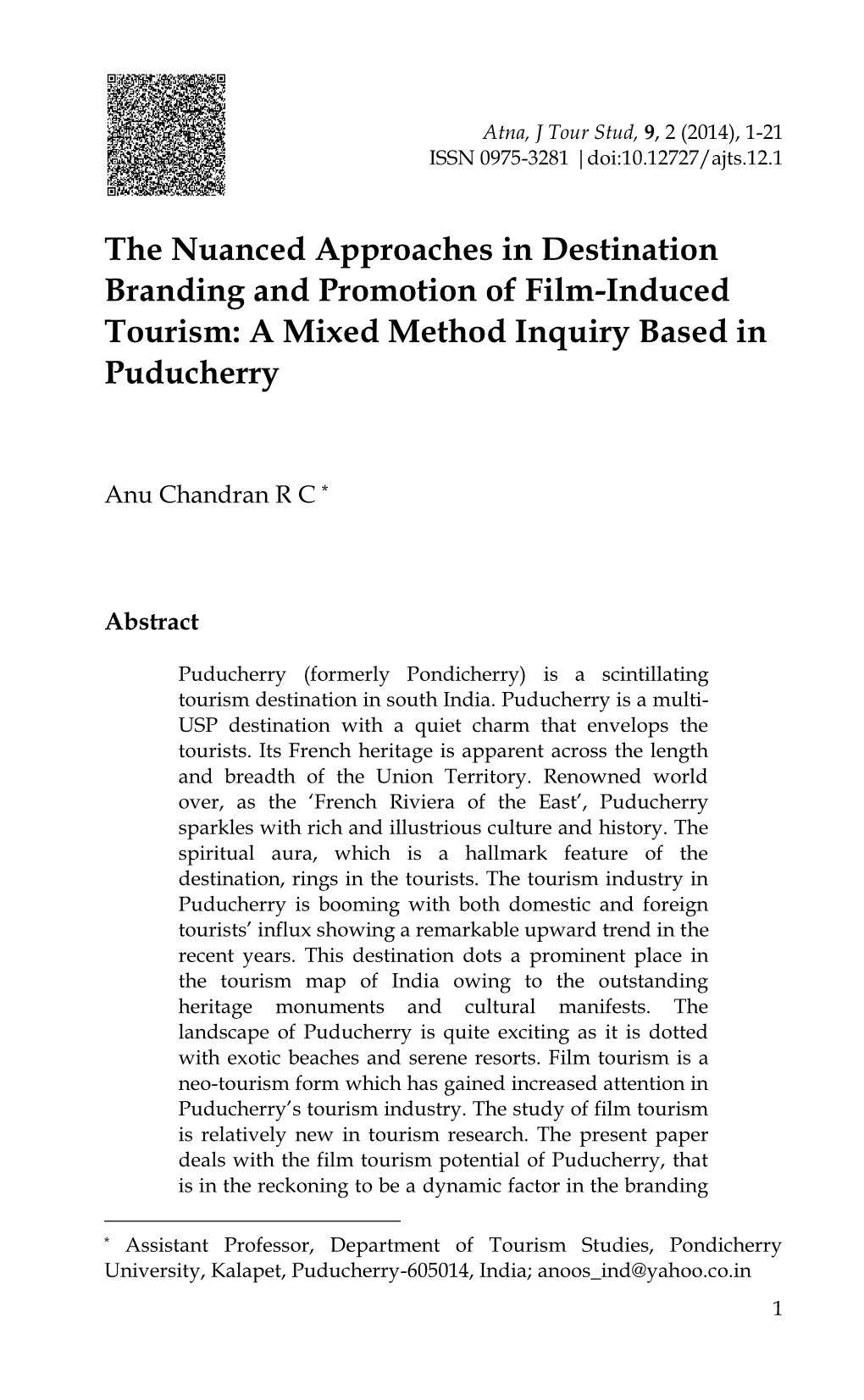 The Nuanced Approaches in Destination Branding and Promotion of Film-Induced Tourism: a Mixed Method Inquiry Based in Puducherry