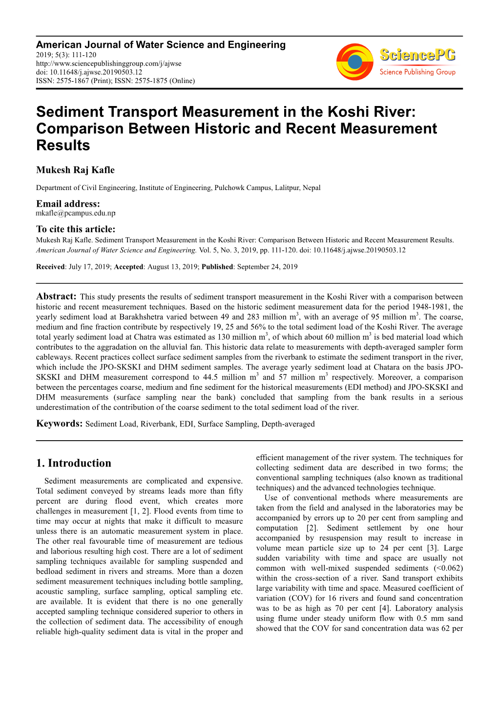 Sediment Transport Measurement in the Koshi River: Comparison Between Historic and Recent Measurement Results