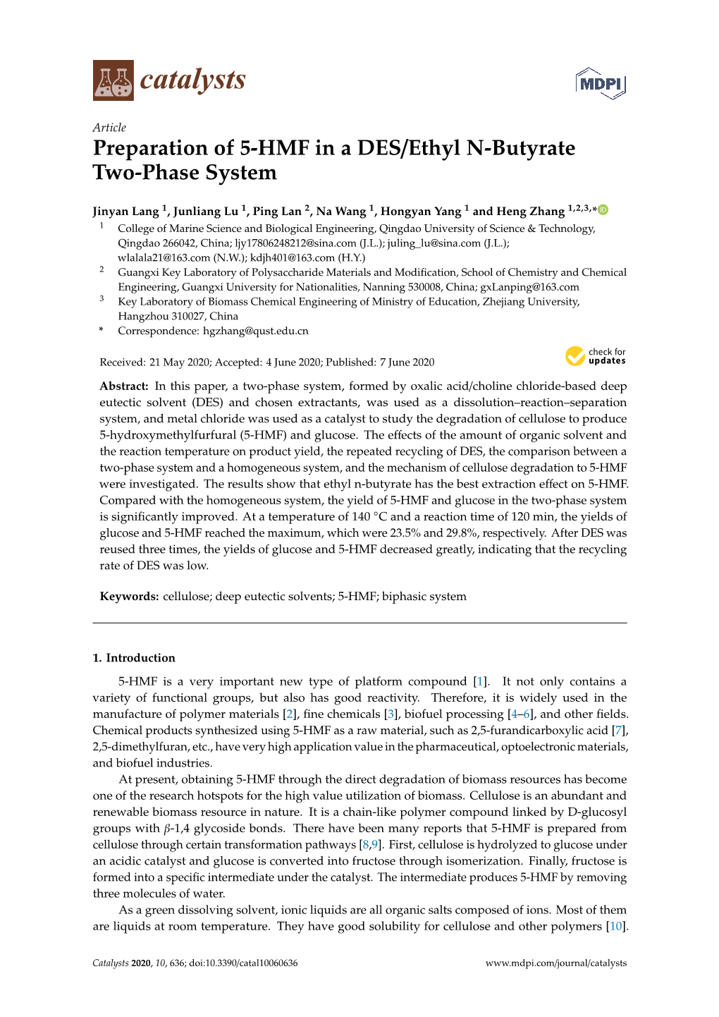 Preparation of 5-HMF in a DES/Ethyl N-Butyrate Two-Phase System