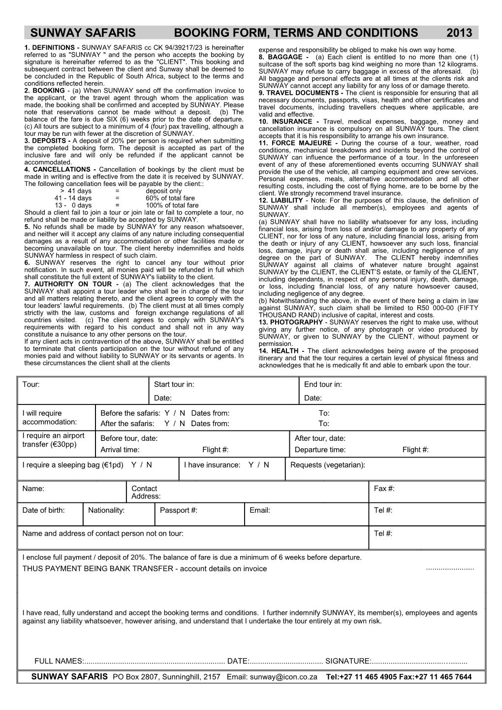 Sunway Safaris - Booking Terms and Conditions