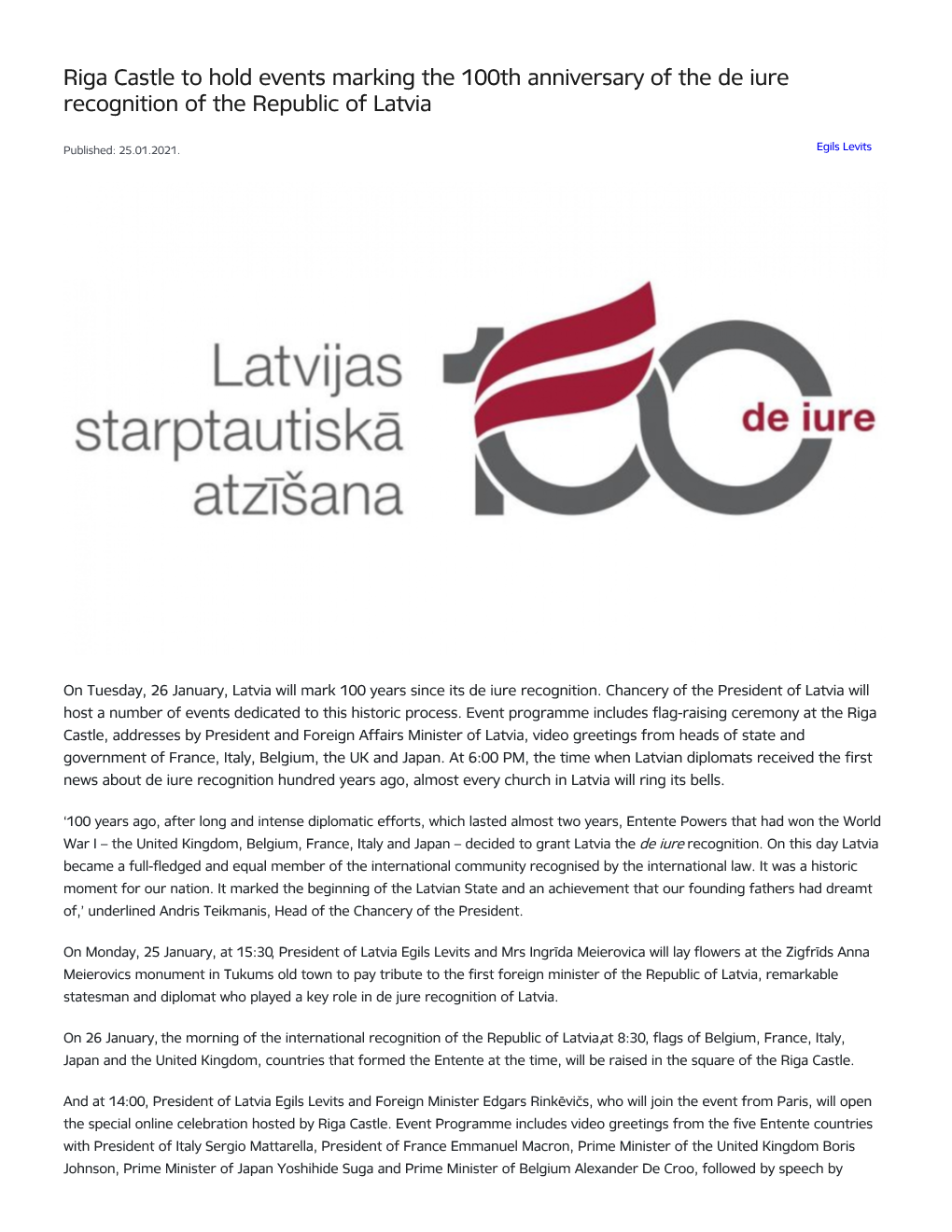 Riga Castle to Hold Events Marking the 100Th Anniversary of the De Iure Recognition of the Republic of Latvia
