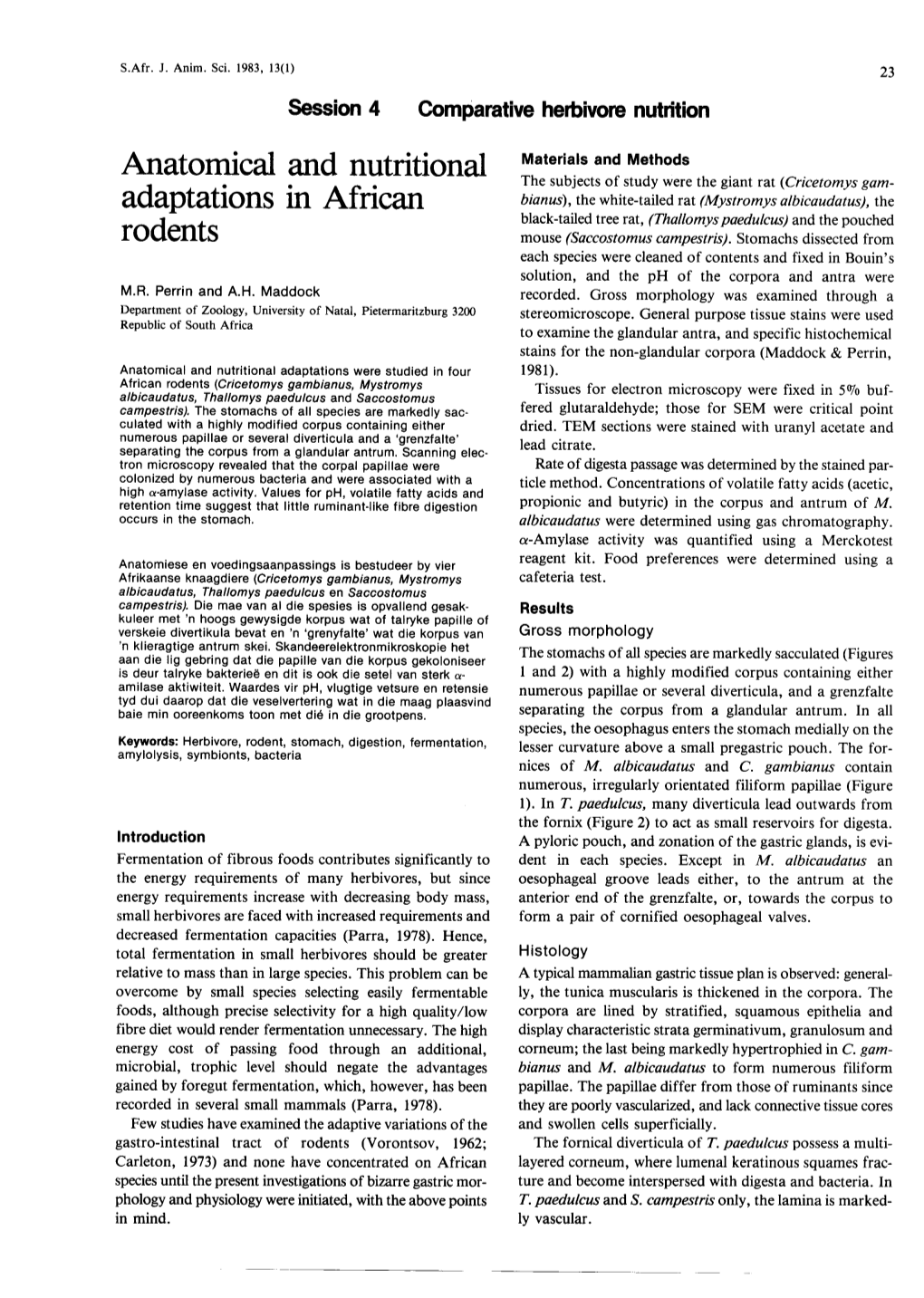 Anatomical and Nutritional Adaptations in African Rodents