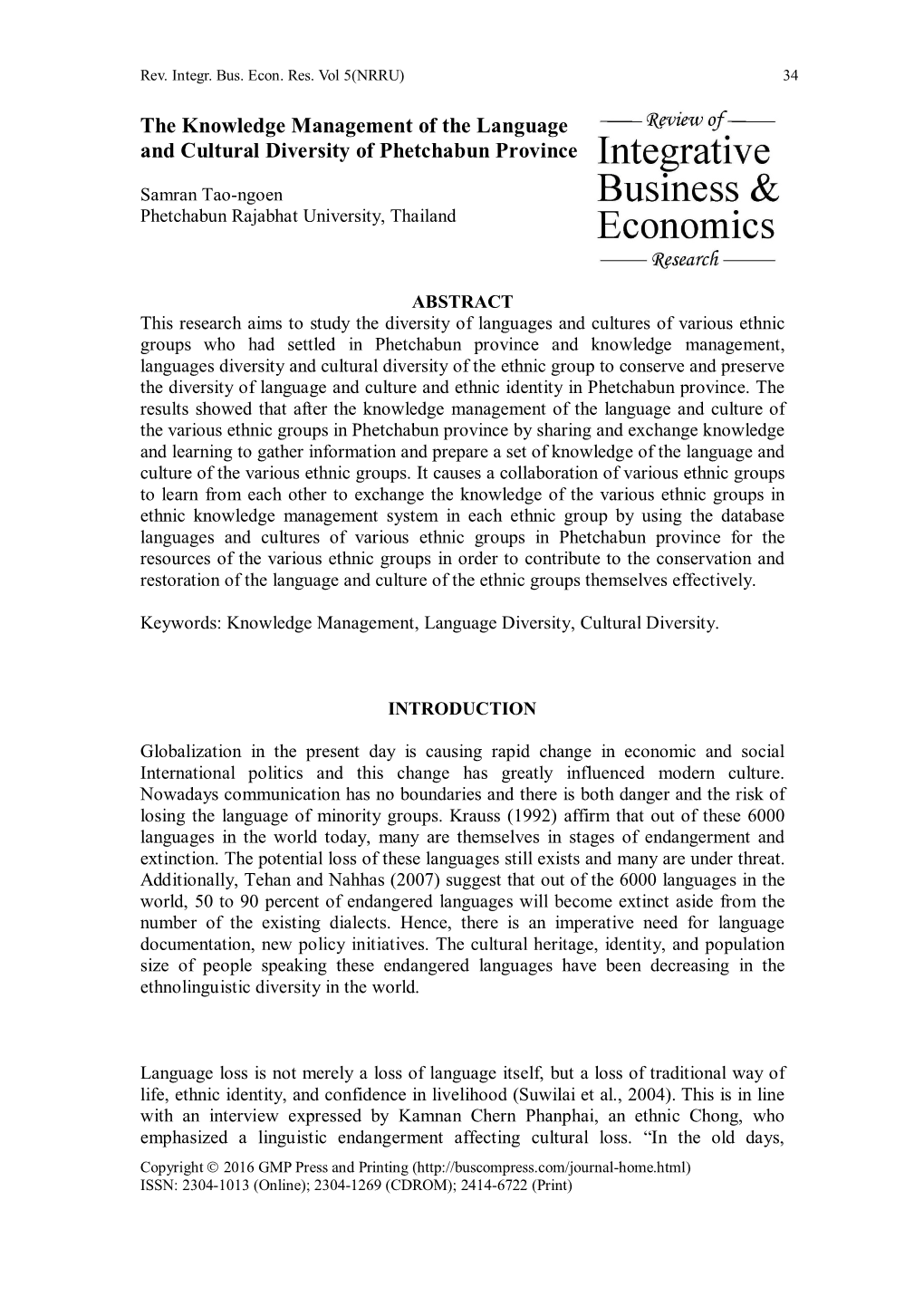 The Knowledge Management of the Language and Cultural Diversity of Phetchabun Province