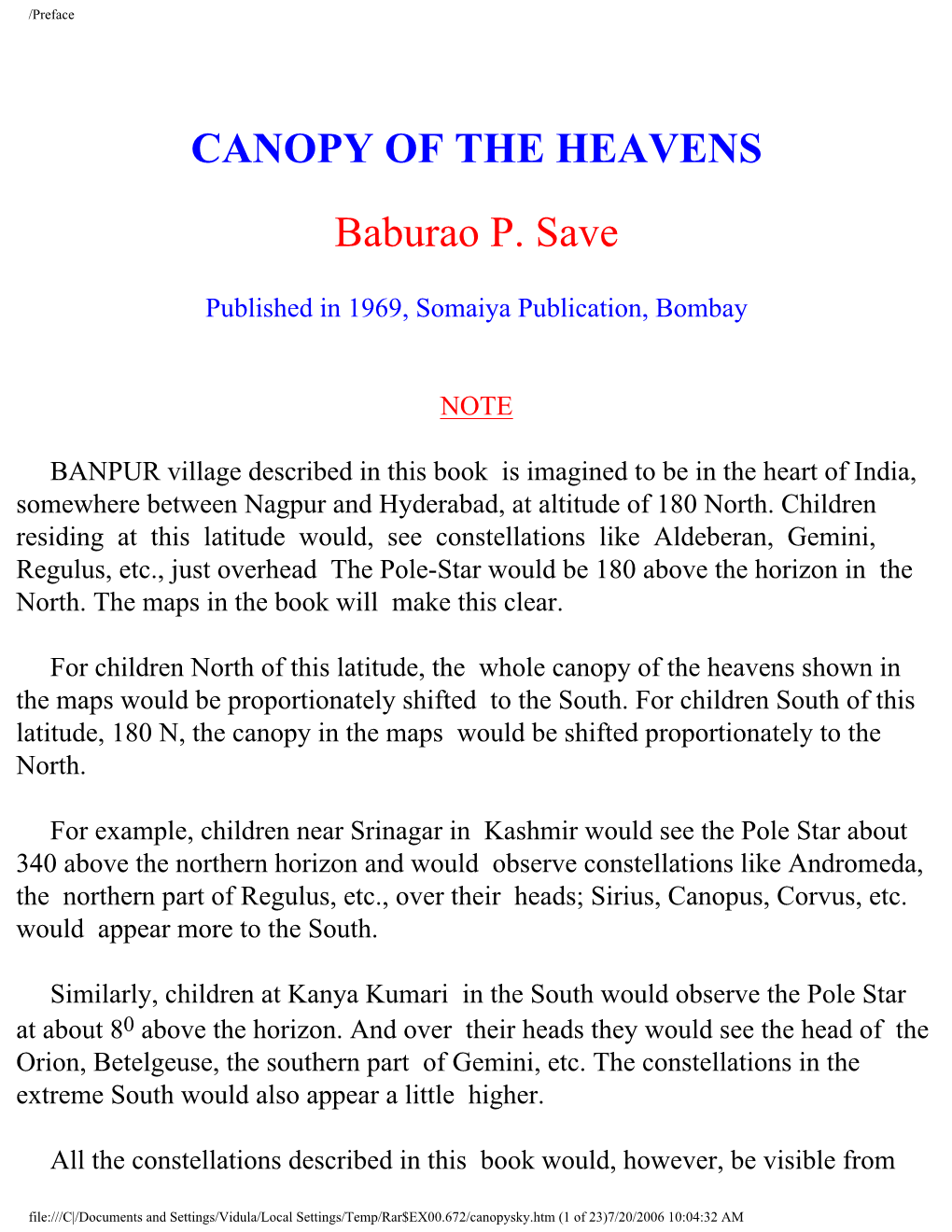 CANOPY of the HEAVENS Baburao P. Save