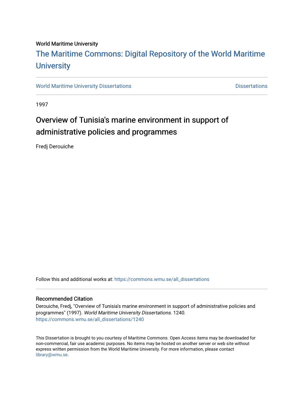 Overview of Tunisia's Marine Environment in Support of Administrative Policies and Programmes