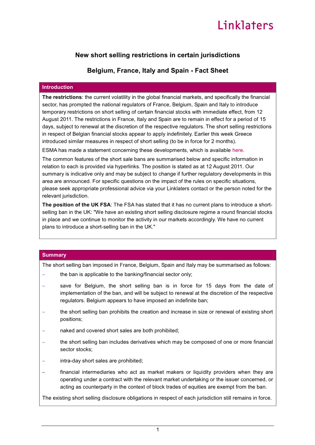 New Short Selling Restrictions in Certain Jurisdictions Belgium, France, Italy