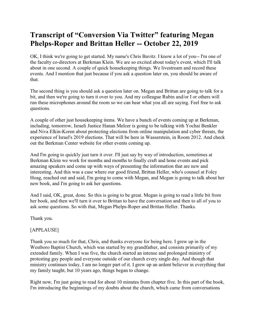 Transcript of “Conversion Via Twitter” Featuring Megan Phelps-Roper and Brittan Heller -- October 22, 2019