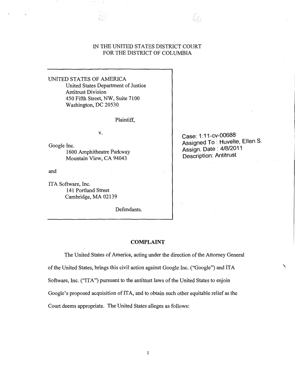 Complaint : U.S. V. Google Inc. and ITA Software, Inc