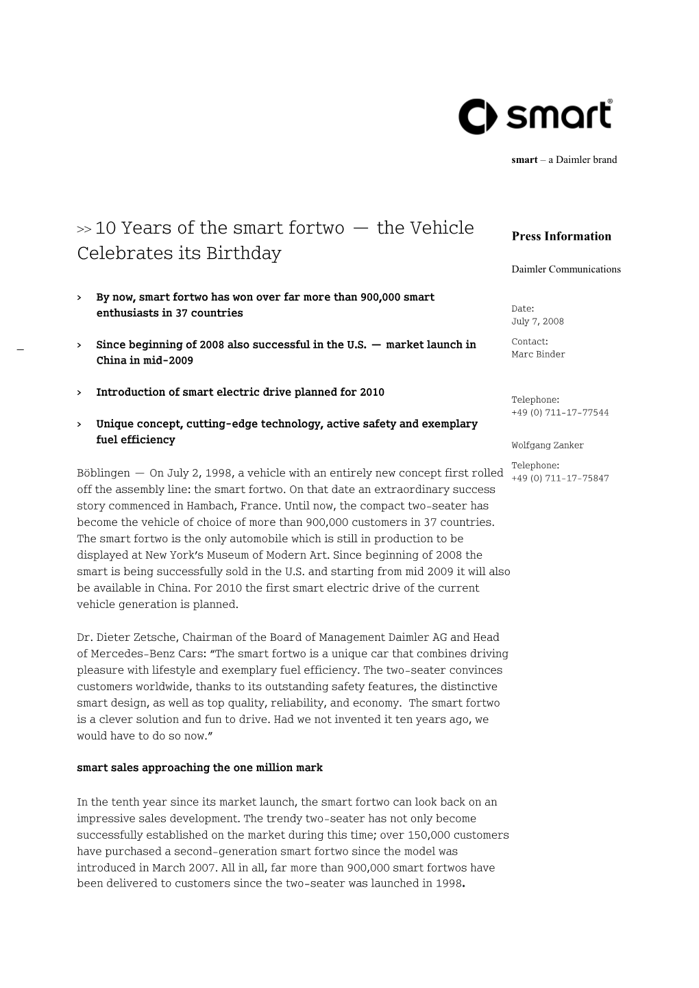 10 Years of the Smart Fortwo — the Vehicle Press Information Celebrates Its Birthday Daimler Communications