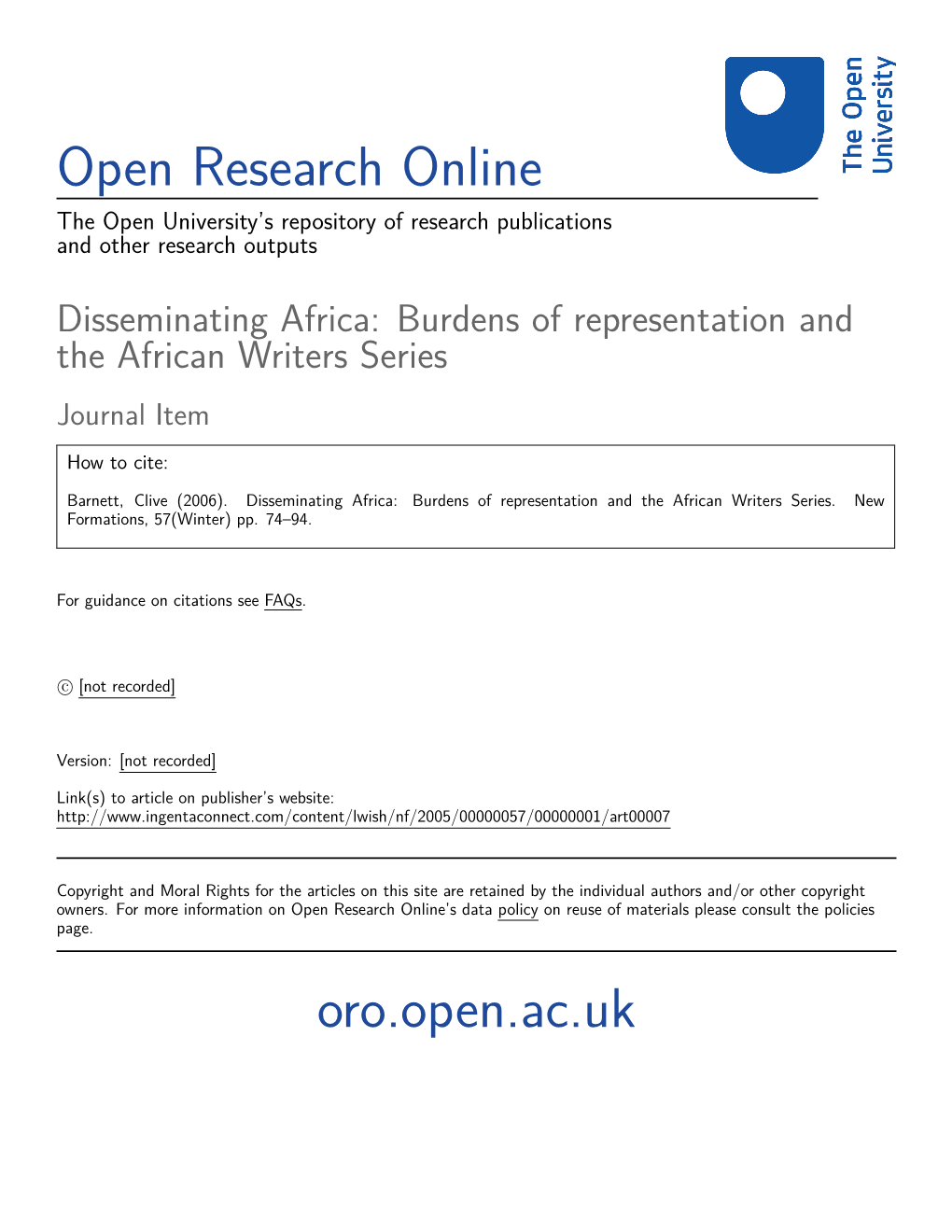 Disseminating Africa: Burdens of Representation and the African Writers Series Journal Item