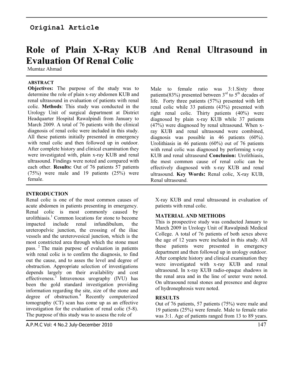 Role of Plain X-Ray KUB and Renal Ultrasound in Evaluation