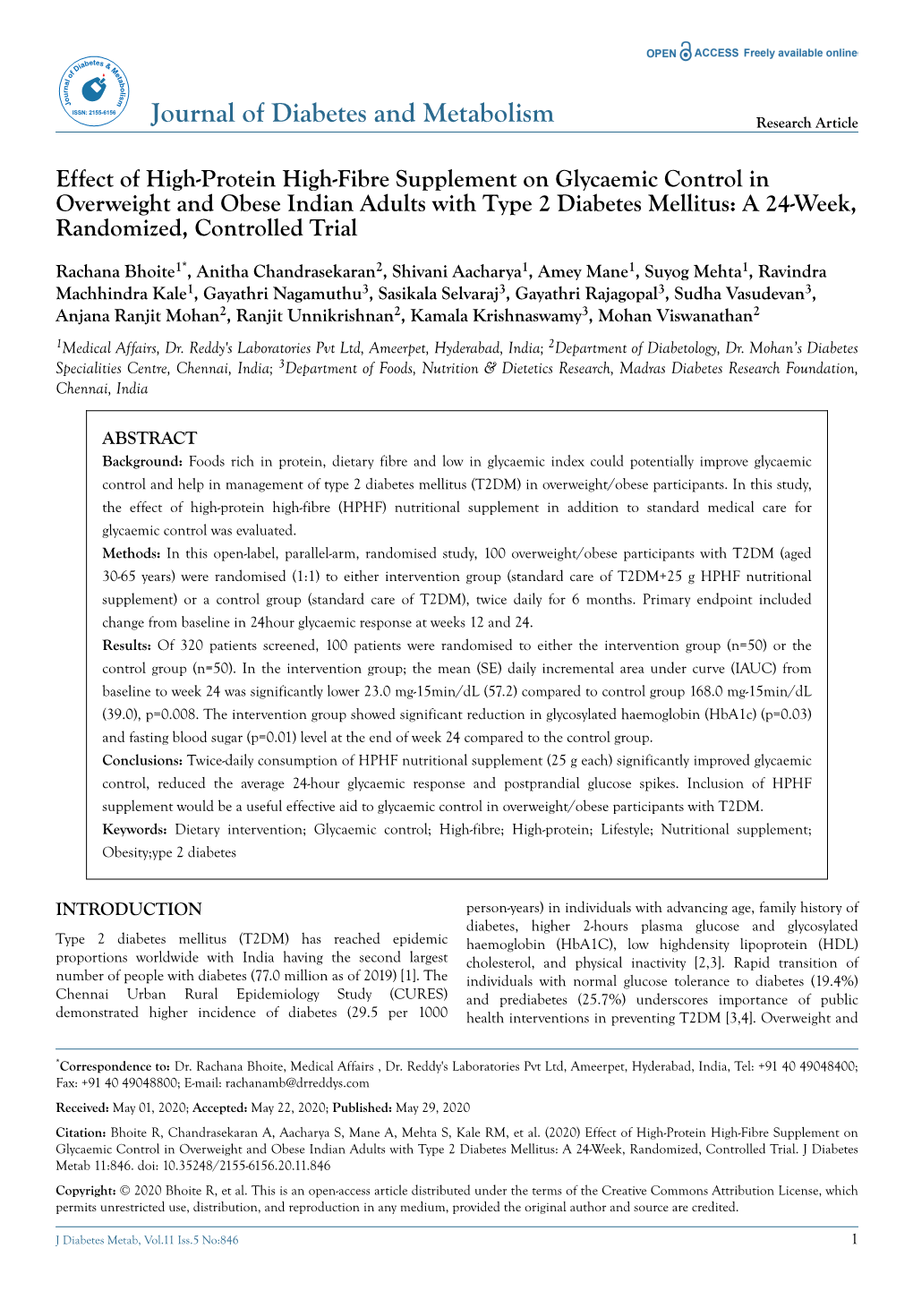 Effect of High-Protein High-Fibre Supplement on Glycaemic Control