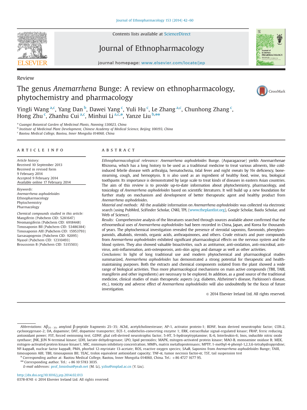 The Genus Anemarrhena Bunge: a Review on Ethnopharmacology, Phytochemistry and Pharmacology