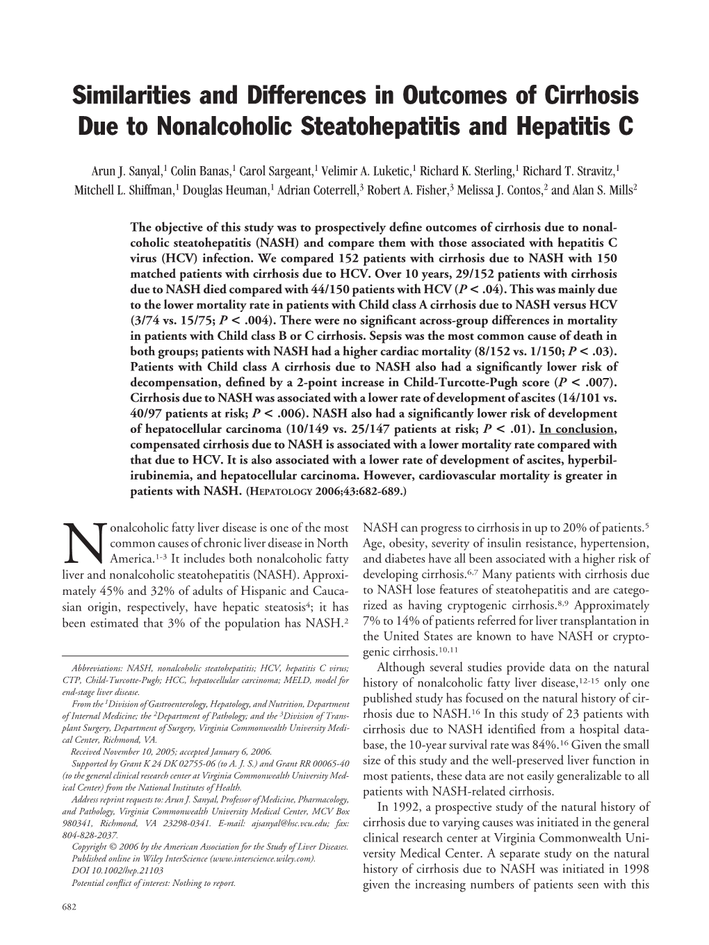 Similarities and Differences in Outcomes of Cirrhosis Due to Nonalcoholic Steatohepatitis and Hepatitis C