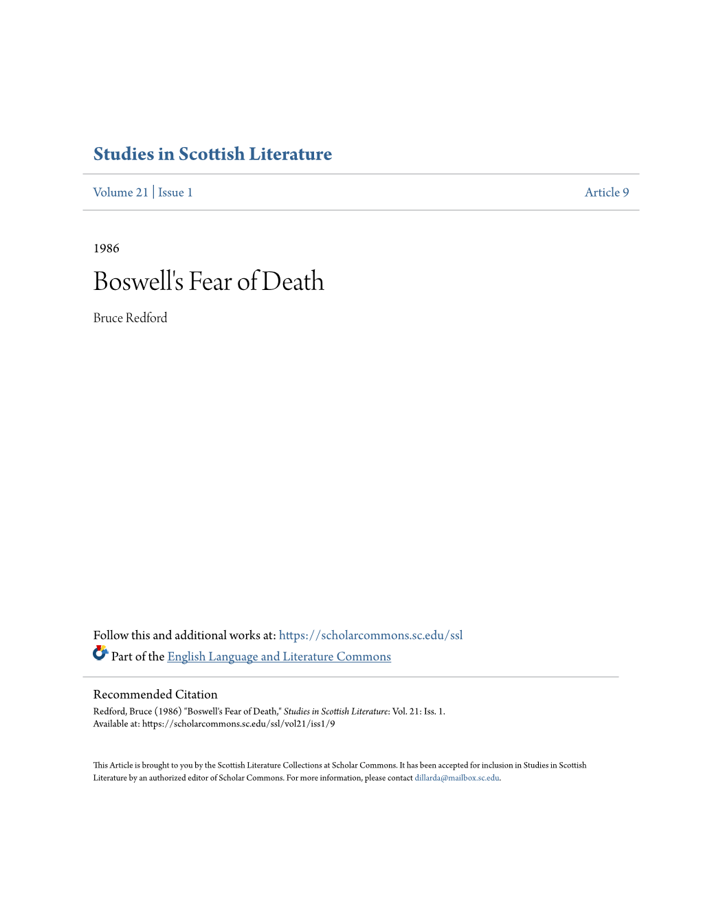 Boswell's Fear of Death Bruce Redford