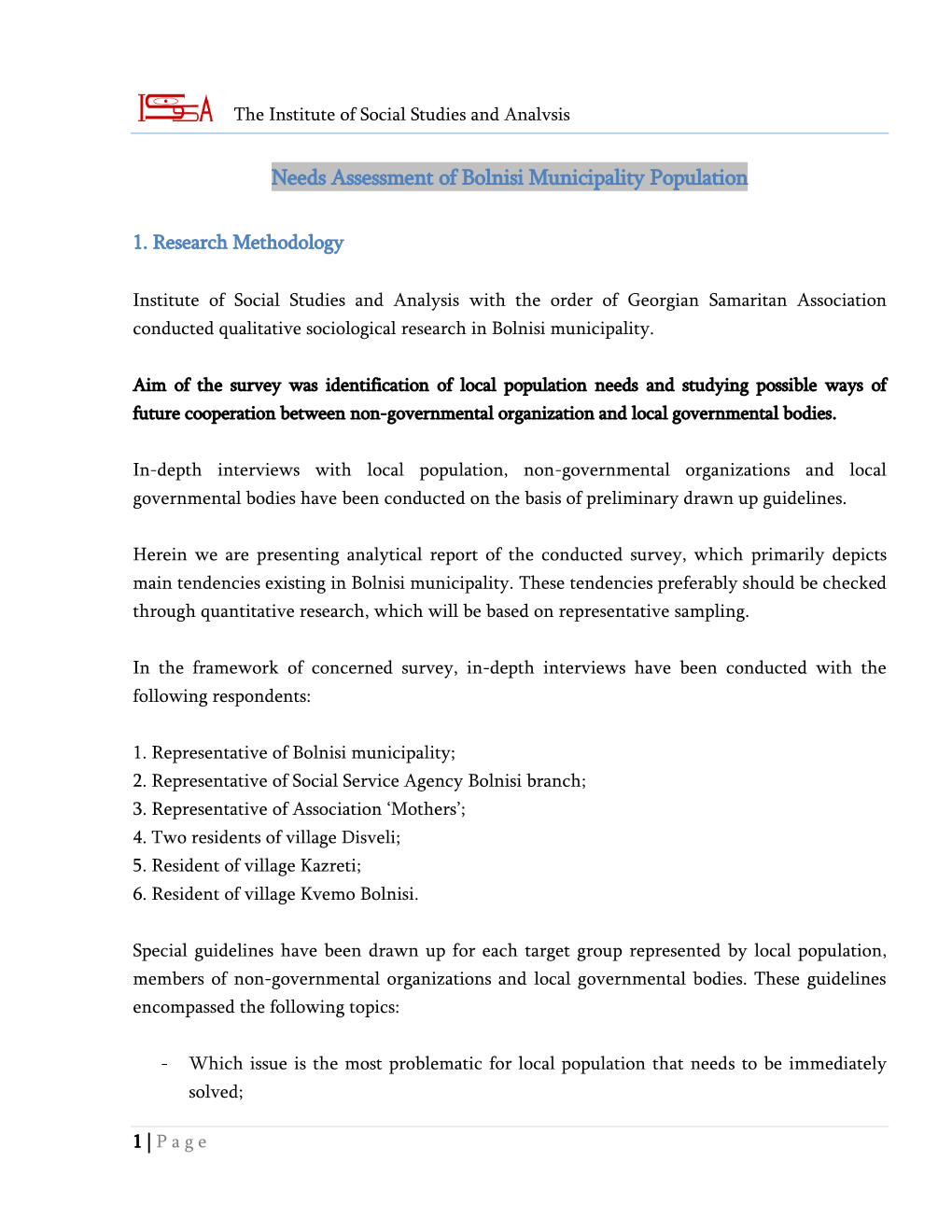 Needs Assessment of Bolnisi Municipality Population