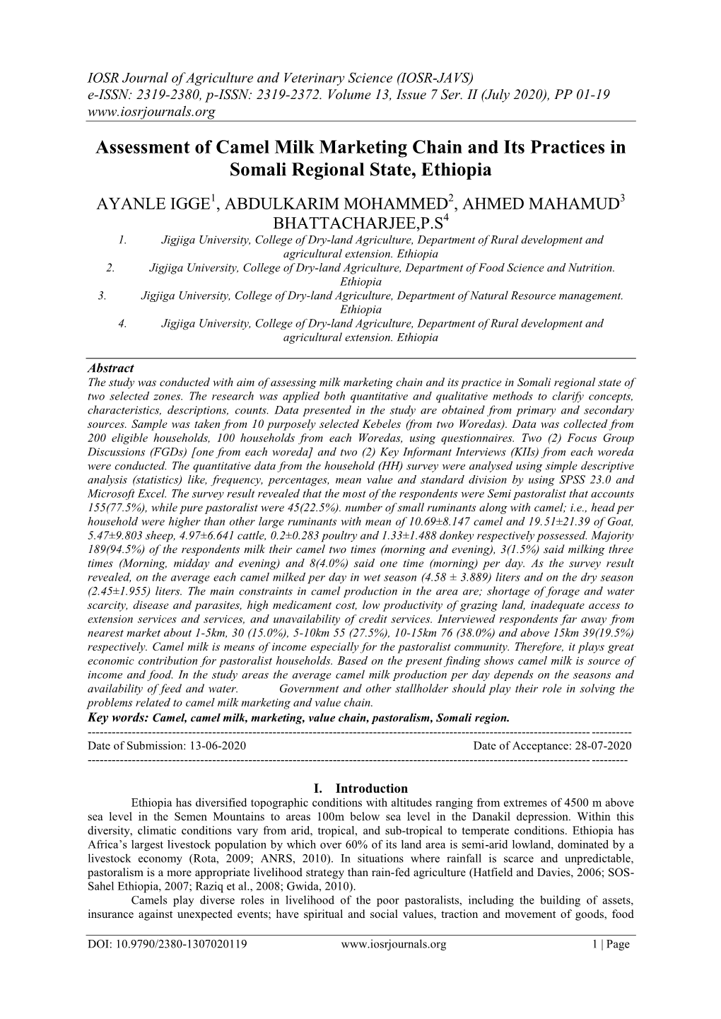 Assessment of Camel Milk Marketing Chain and Its Practices in Somali Regional State, Ethiopia