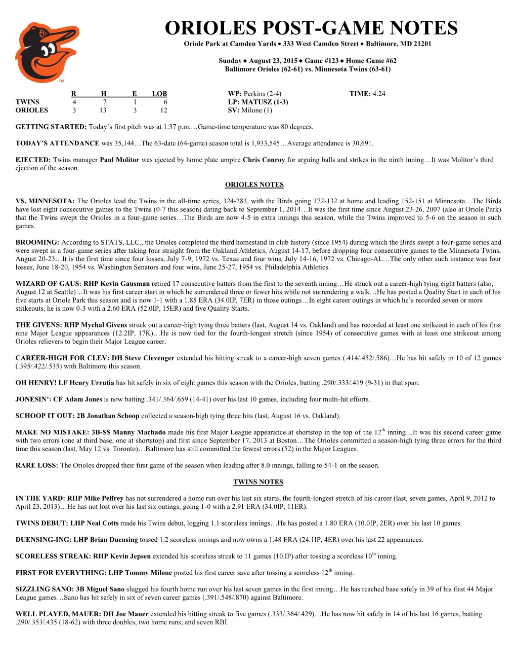 ORIOLES POST-GAME NOTES Oriole Park at Camden Yards  333 West Camden Street  Baltimore, MD 21201