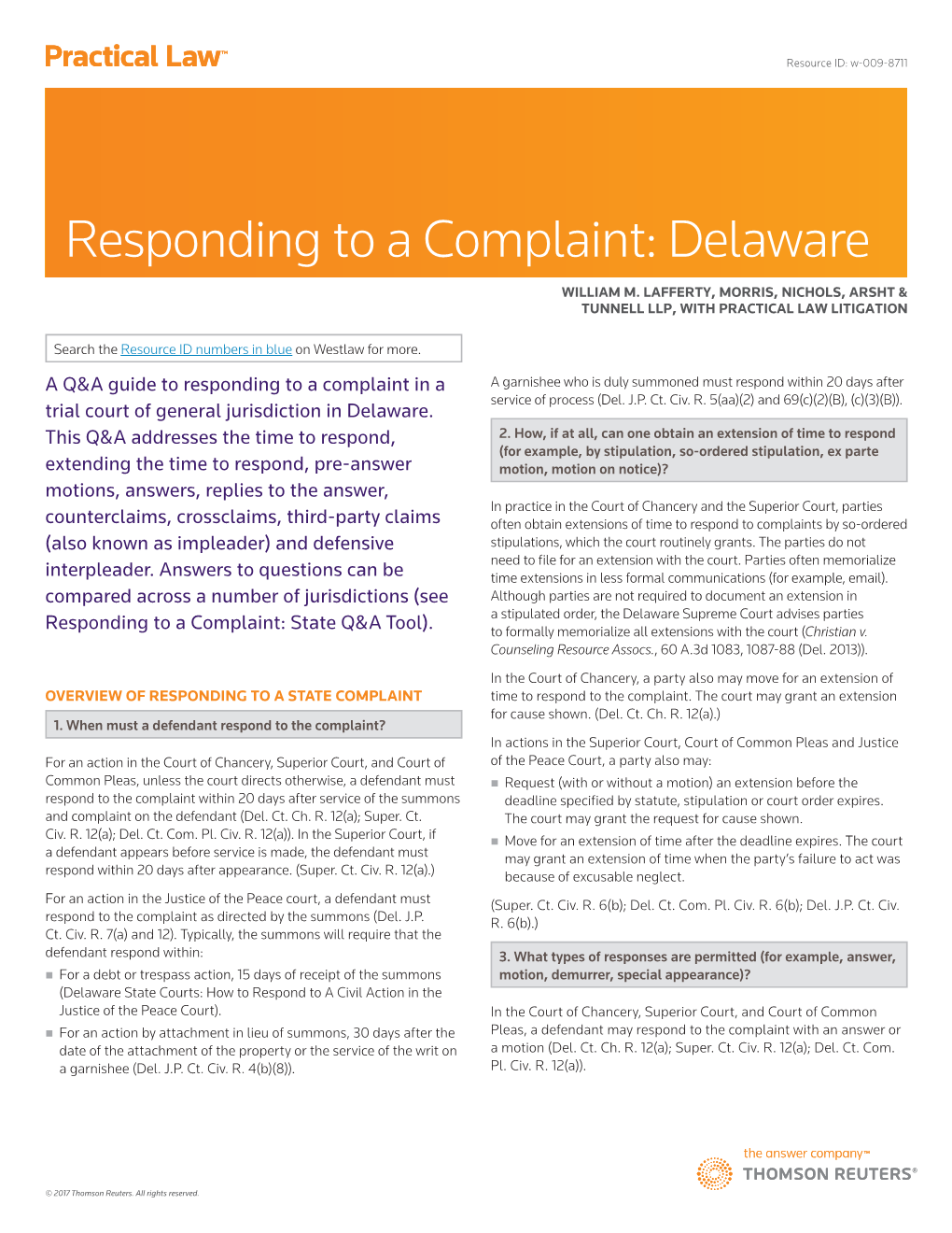 Responding to a Complaint: Delaware