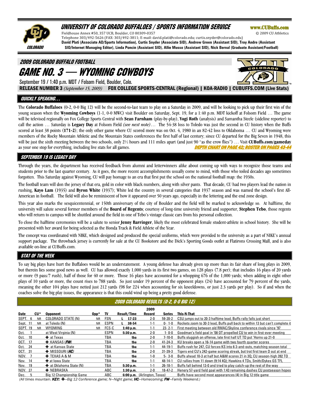 Game NO. 3 — WYOMING COWBOYS September 19 / 1:40 P.M