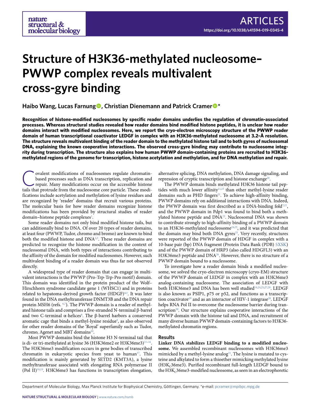 Structure of H3K36-Methylated Nucleosome–PWWP Complex Reveals Multivalent Cross-Gyre Binding