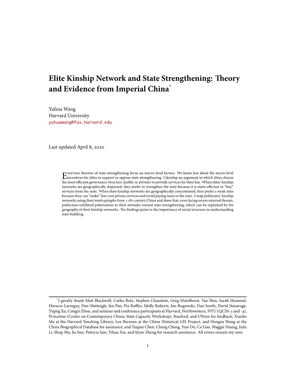 Elite Kinship Network and State Strengthening: Theory and Evidence from Imperial China*