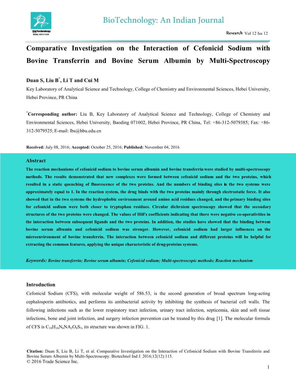 Comparative Investigation on the Interaction of Cefonicid Sodium with Bovine Transferrin and Bovine Serum Albumin by Multi-Spectroscopy