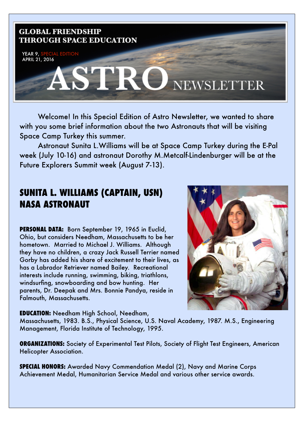 Sunita L. Williams (Captain, Usn) Nasa Astronaut