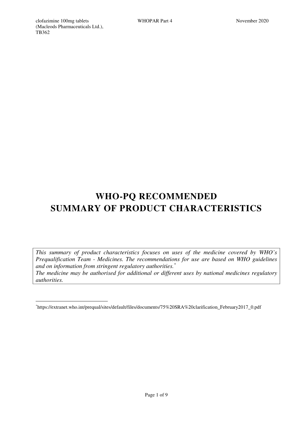 Who-Pq Recommended Summary of Product Characteristics